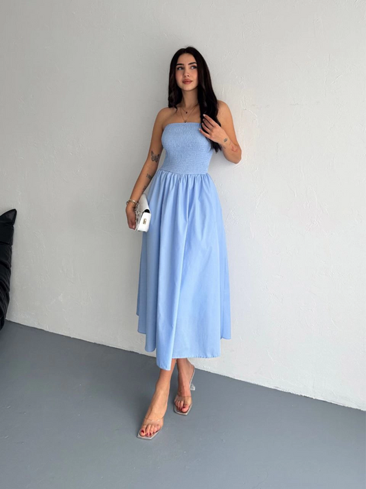 Sofanest Straplez Pileli Elbise - Açık Mavi