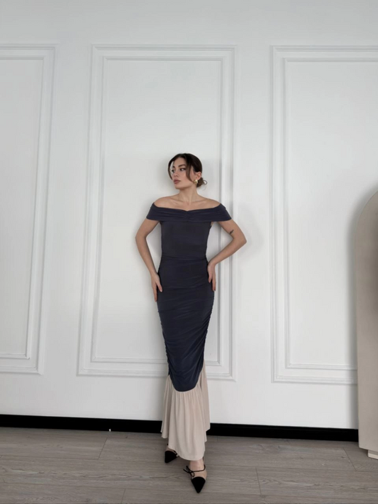 Sofanest Striptiz Omuzlu Uzun Elbise- Füme