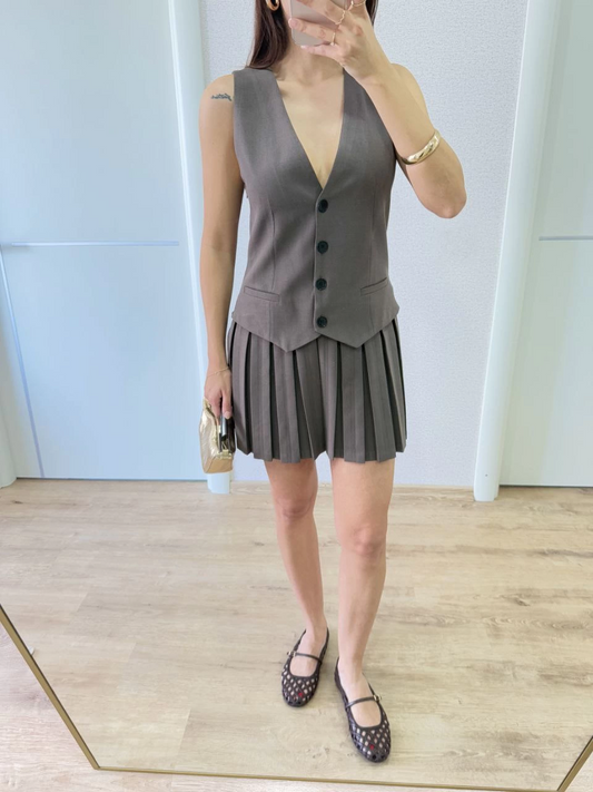 Sofanest Keten Takım Görünümlü Düğme Detaylı Yelekli Mini Elbise - Füme