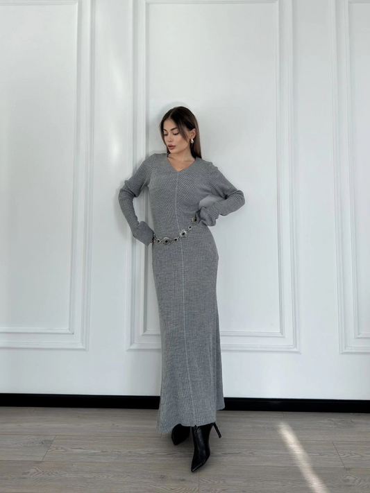 Sofanest V Yaka Fitilli Uzun Elbise- Gri